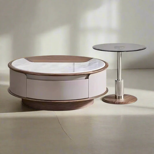 2-Piece Modern Round Coffee Table Set with Marble-Wood Top & Hidden Storage