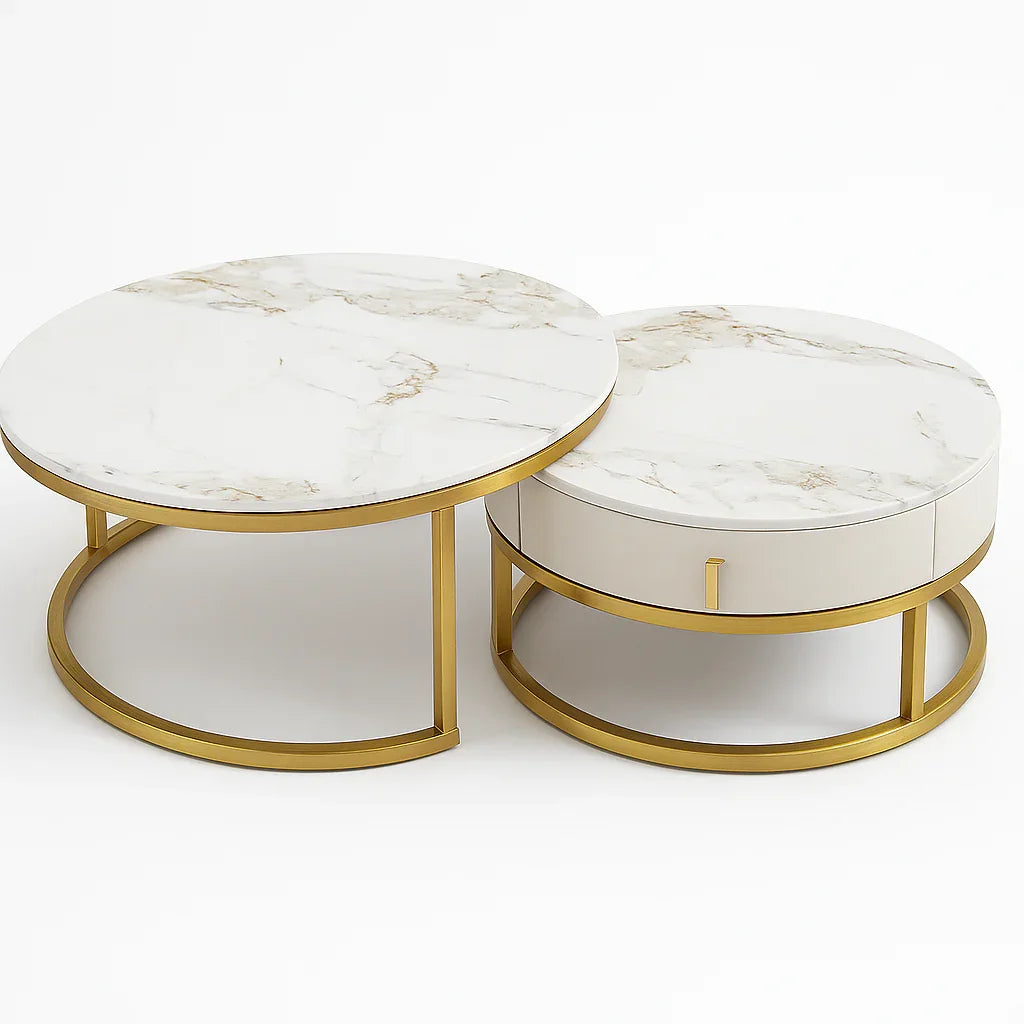 Modern Round Nesting Coffee Table Set with Storage Drawer