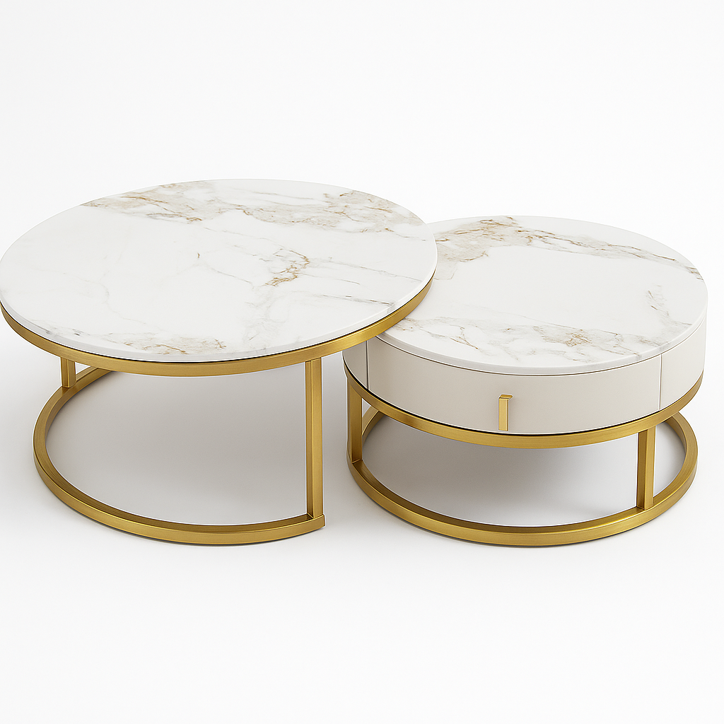 Modern Round Nesting Coffee Table Set with Storage Drawer