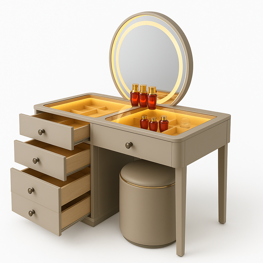 Aurora Taupe Vanity Desk with Oval LED Mirror & Glass Display