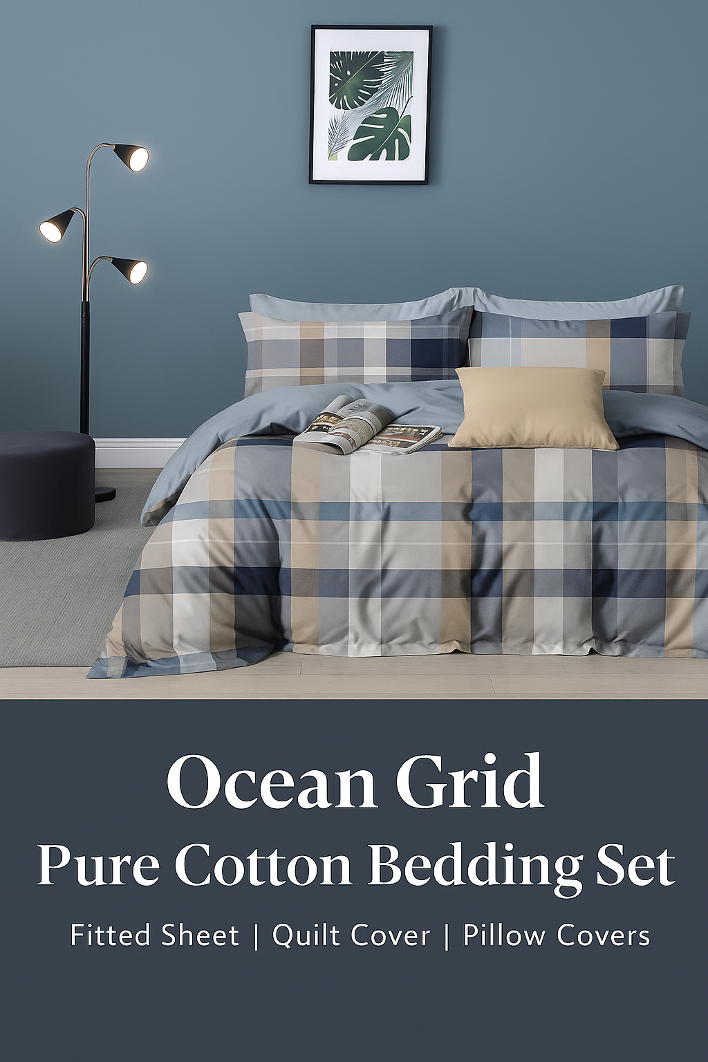 Ocean Grid Pure Cotton Bedding Set