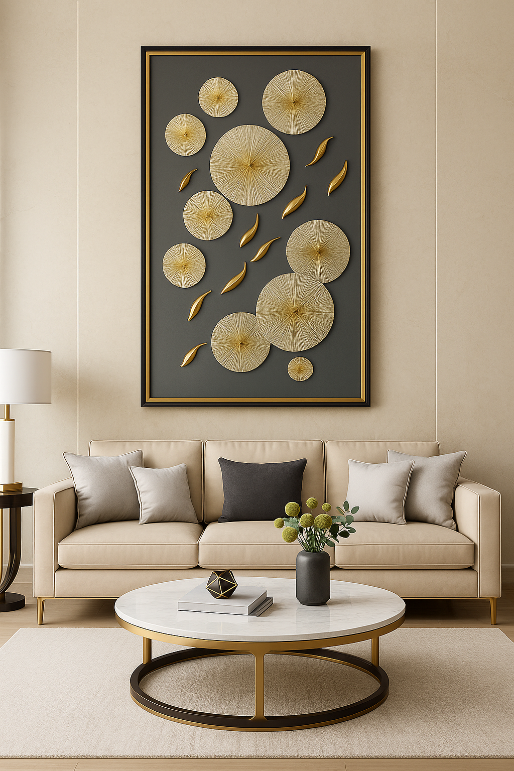 Modern Golden Disc & Leaf Wall Art – 140cm x 80cm