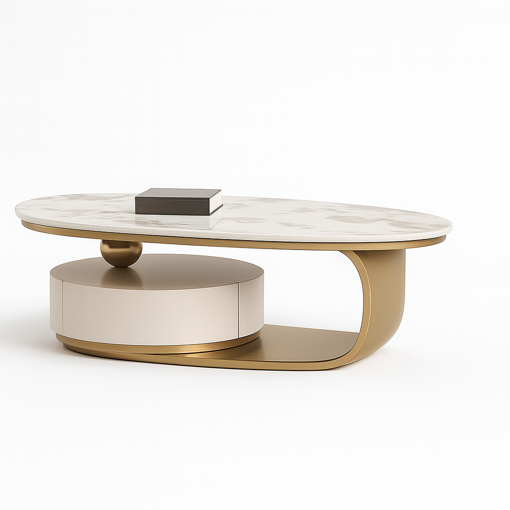 Luxury Oval Coffee Table – Microcrystalline Stone & Walnut Veneer