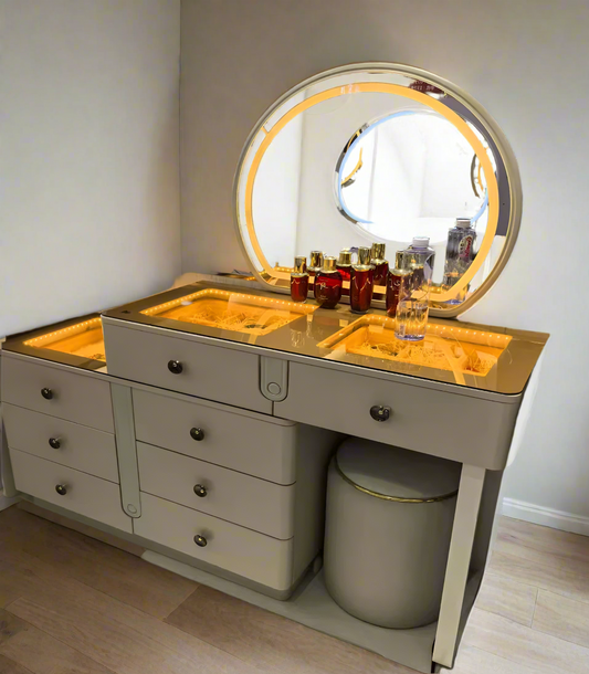 Aurora Taupe Vanity Desk with Oval LED Mirror & Glass Display