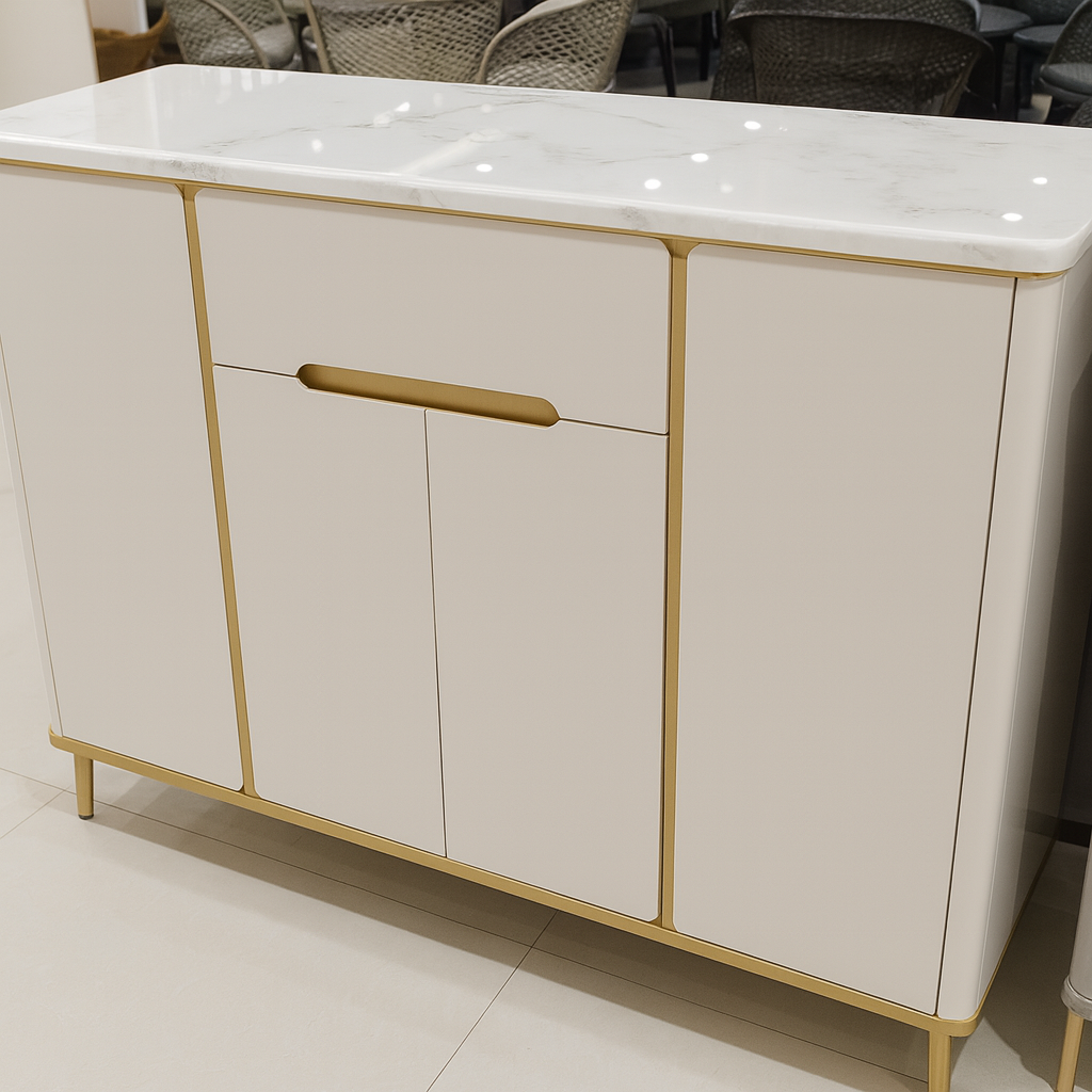 Modern Marble-Top Shoe Cabinet with Gold Accents