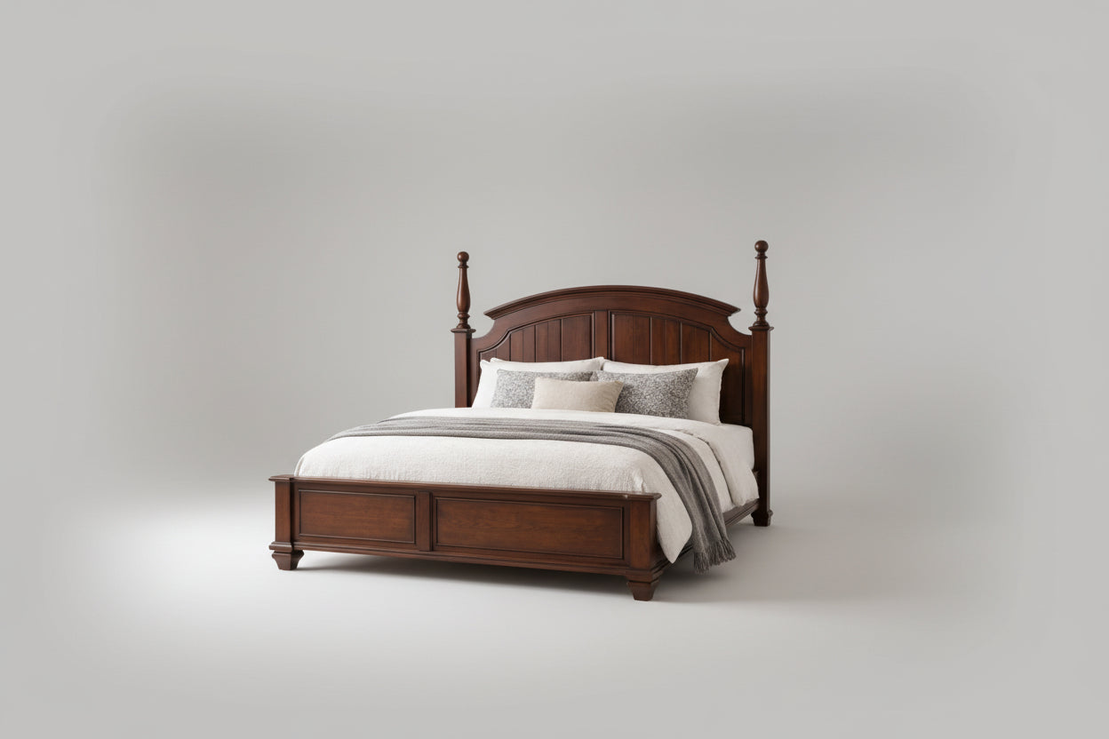 Classic Solid Wood King Bed Frame – Elegant Dark Wooden Bed with Arched Headboard