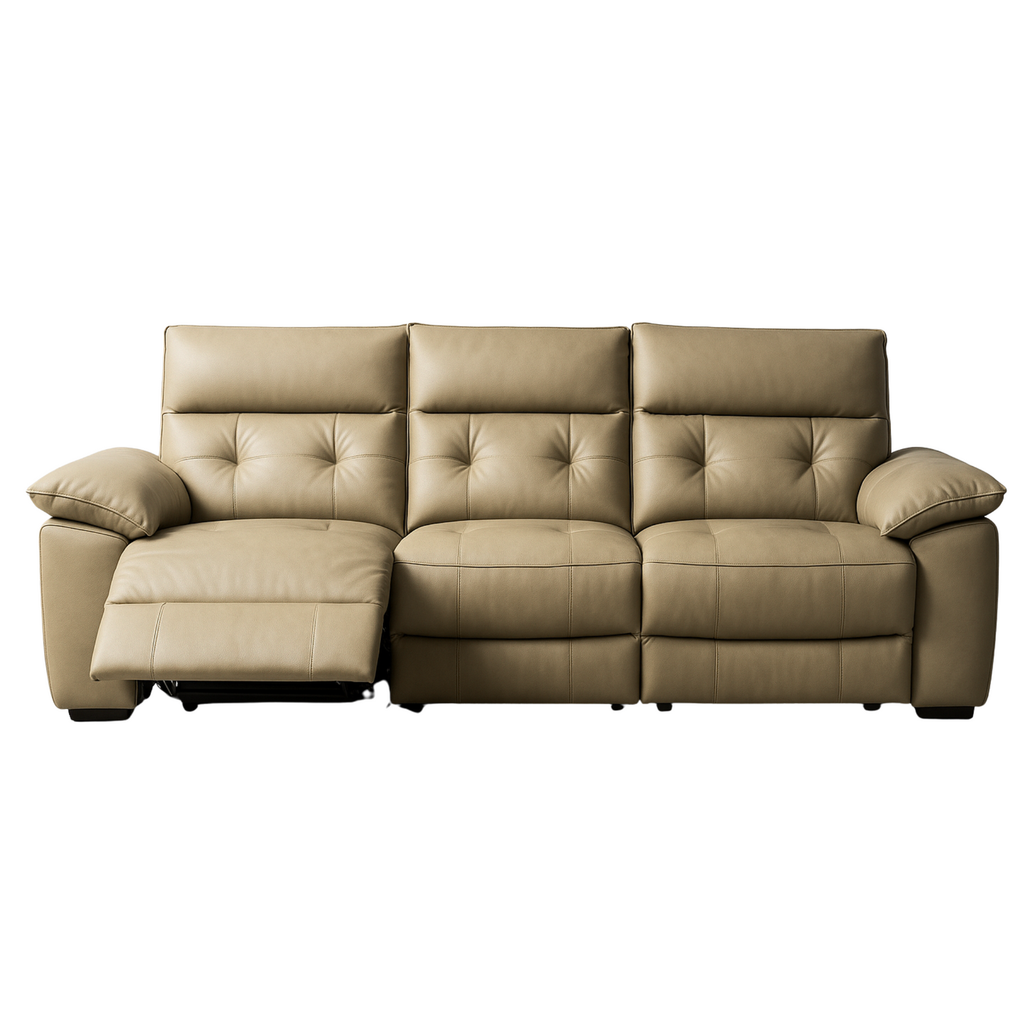 Beige leather reclining sofa on a white background