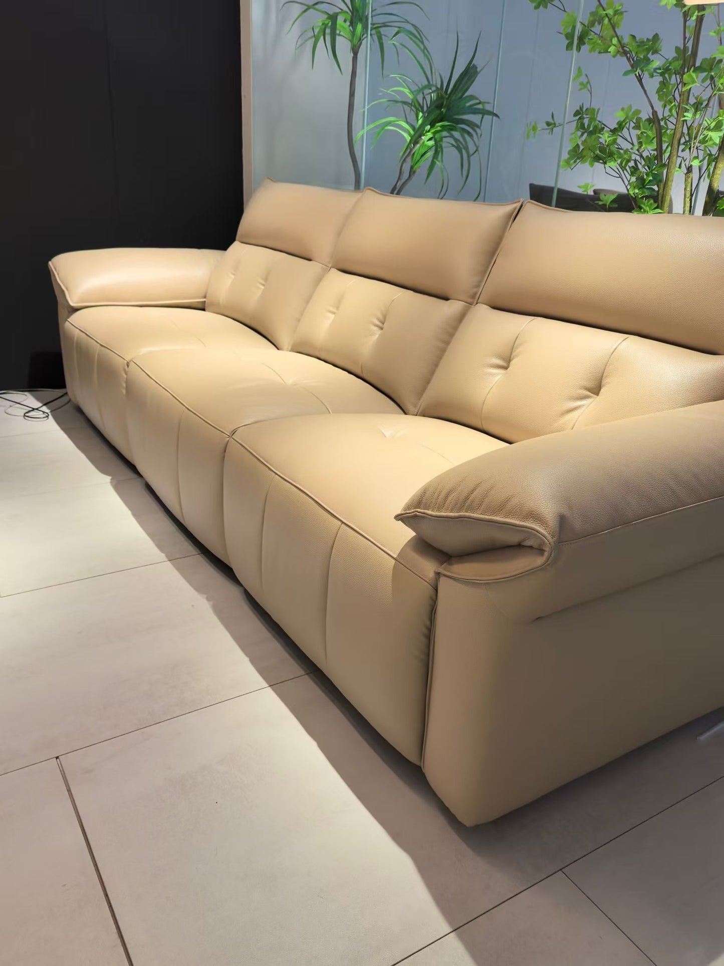 Beige sectional sofa in a room with plants