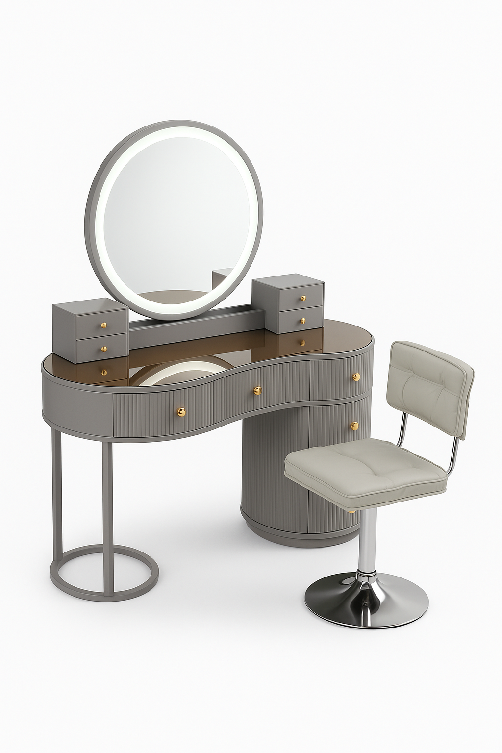 Opulence Vanity Desk with Round LED Mirror & Luxe Storage