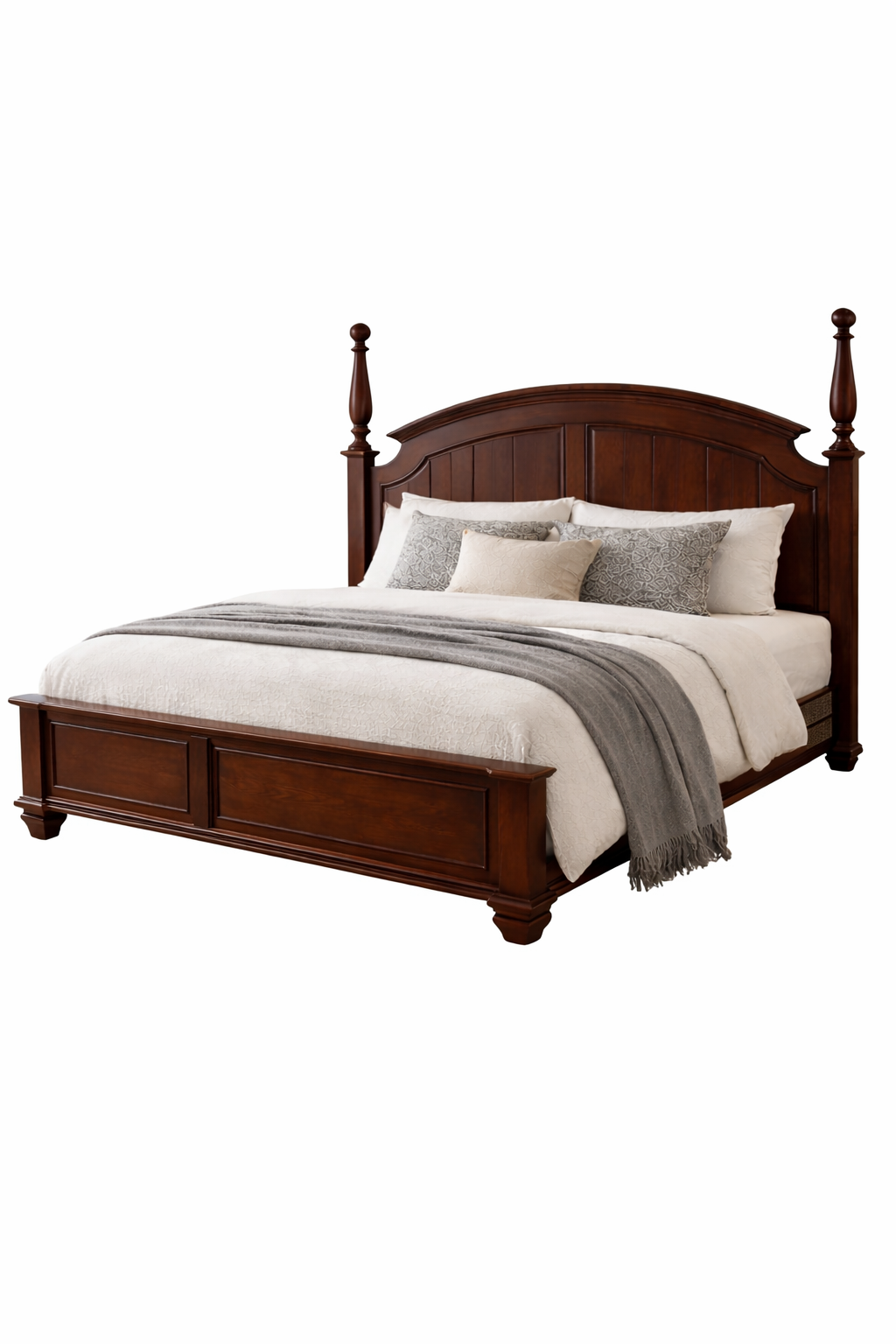 Classic Solid Wood King Bed Frame – Elegant Dark Wooden Bed with Arched Headboard