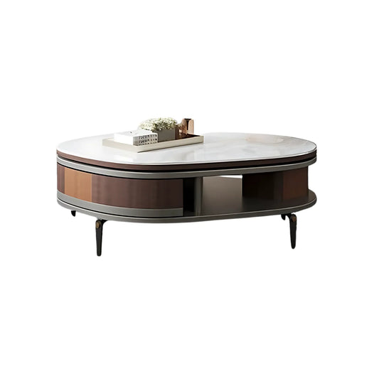 Oval coffee table with a white marble top and wooden base on a white background