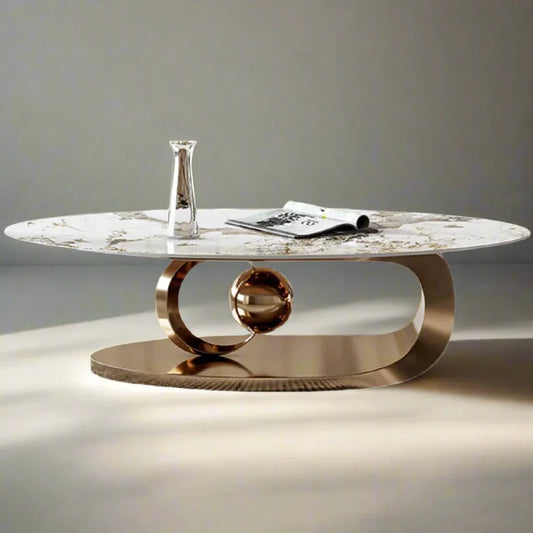 Aurora Luxe Oval Marble Coffee Table – Rose Gold Base