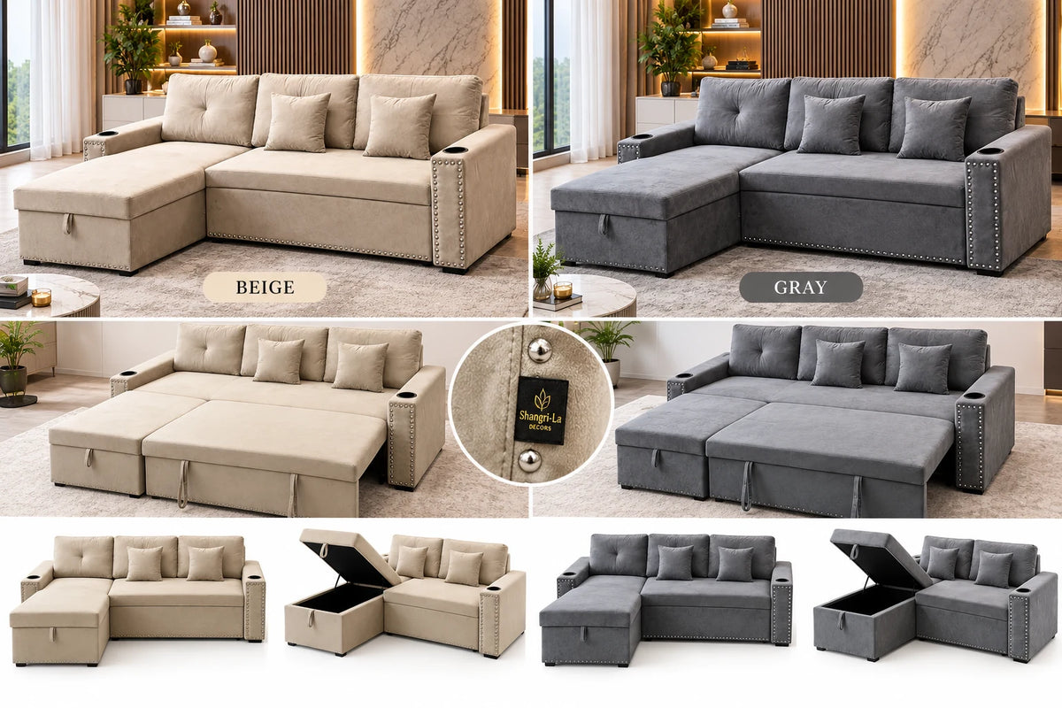 Veloura Luxe L-Shaped Velvet Sofa Bed with Storage & Cup Holders