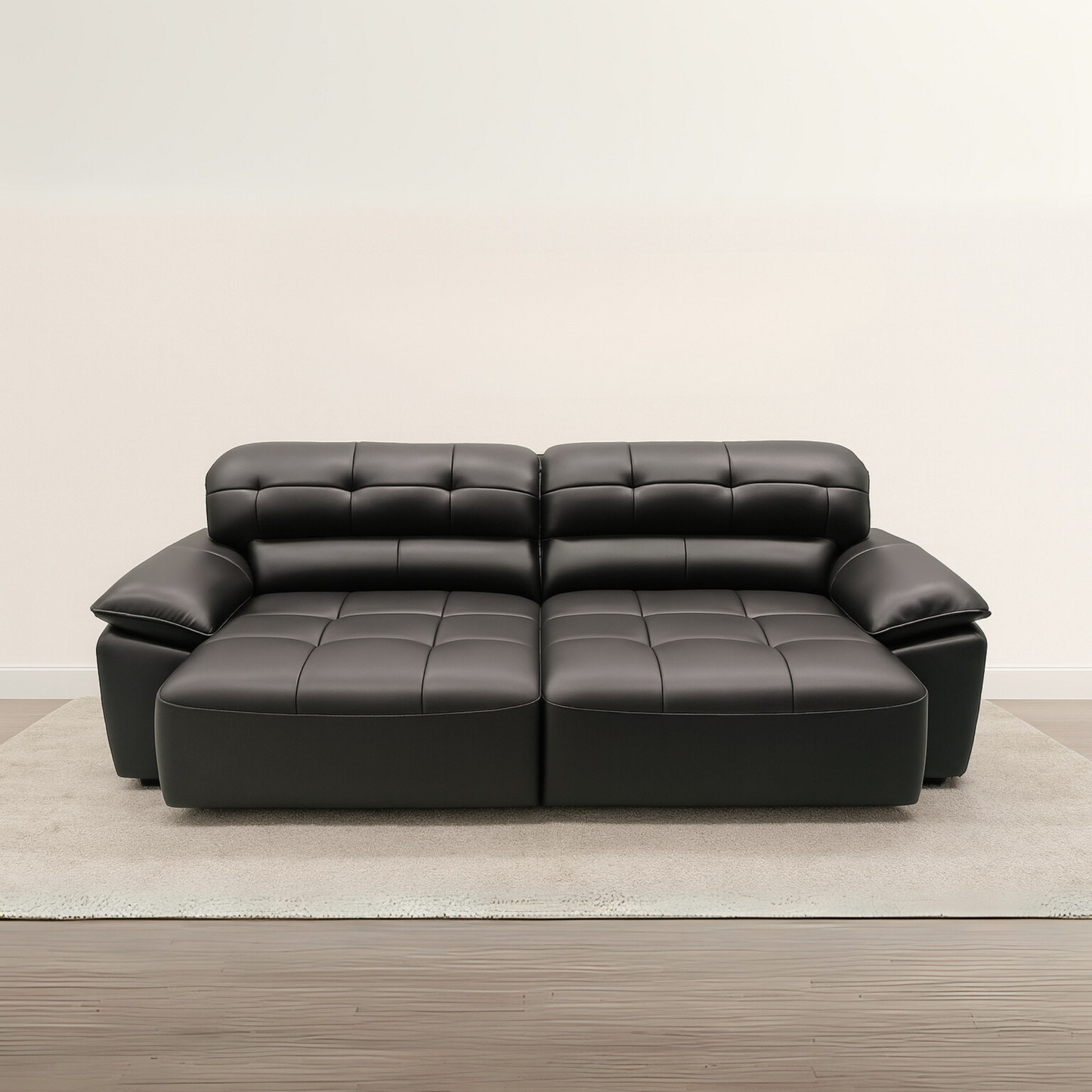 Black leather sectional sofa on a beige carpet with a plain wall background