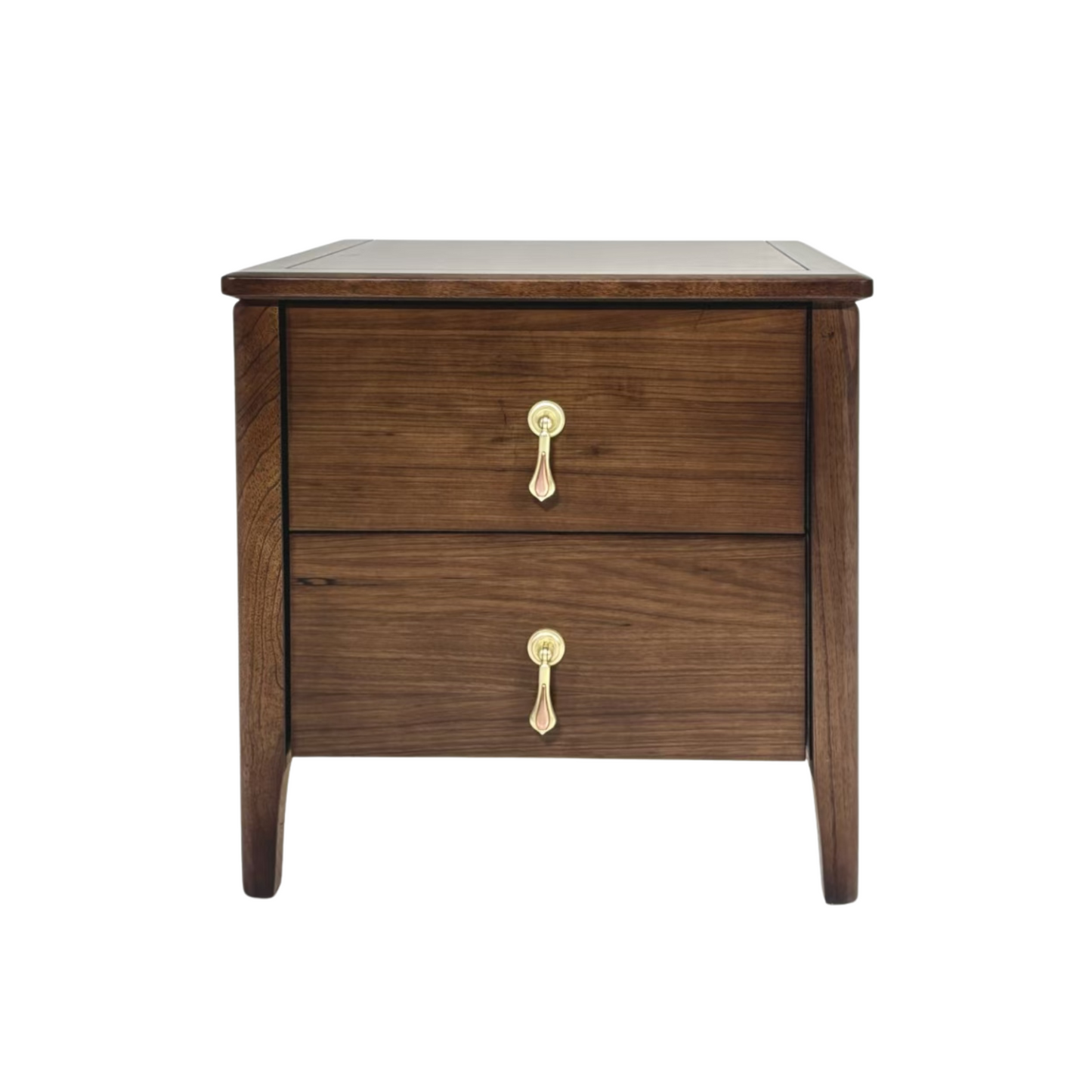 Wooden nightstand with two drawers and brass handles on a white background