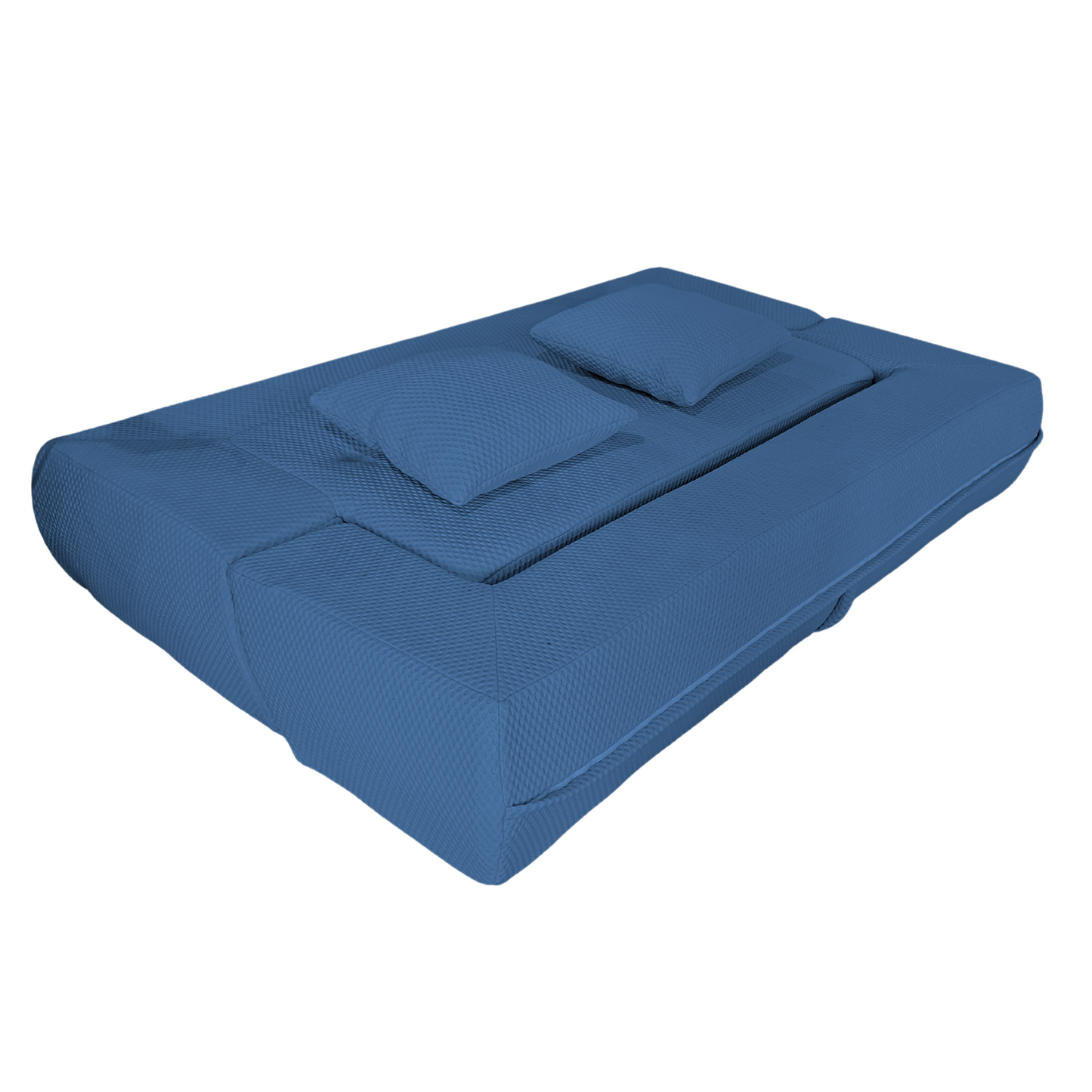 Blue mattress set with two pillows on a white background