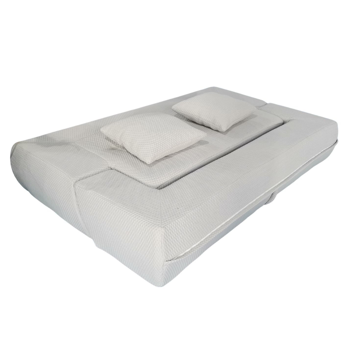 Gray futon sofa with pillows on a white background
