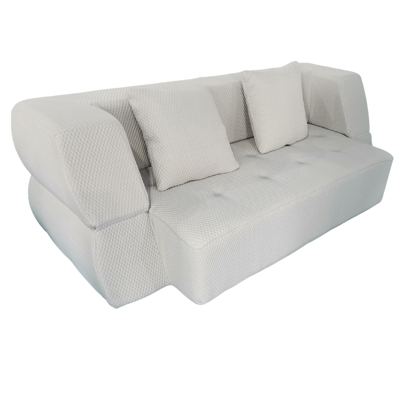 Gray sofa with textured surface and three cushions on a white background