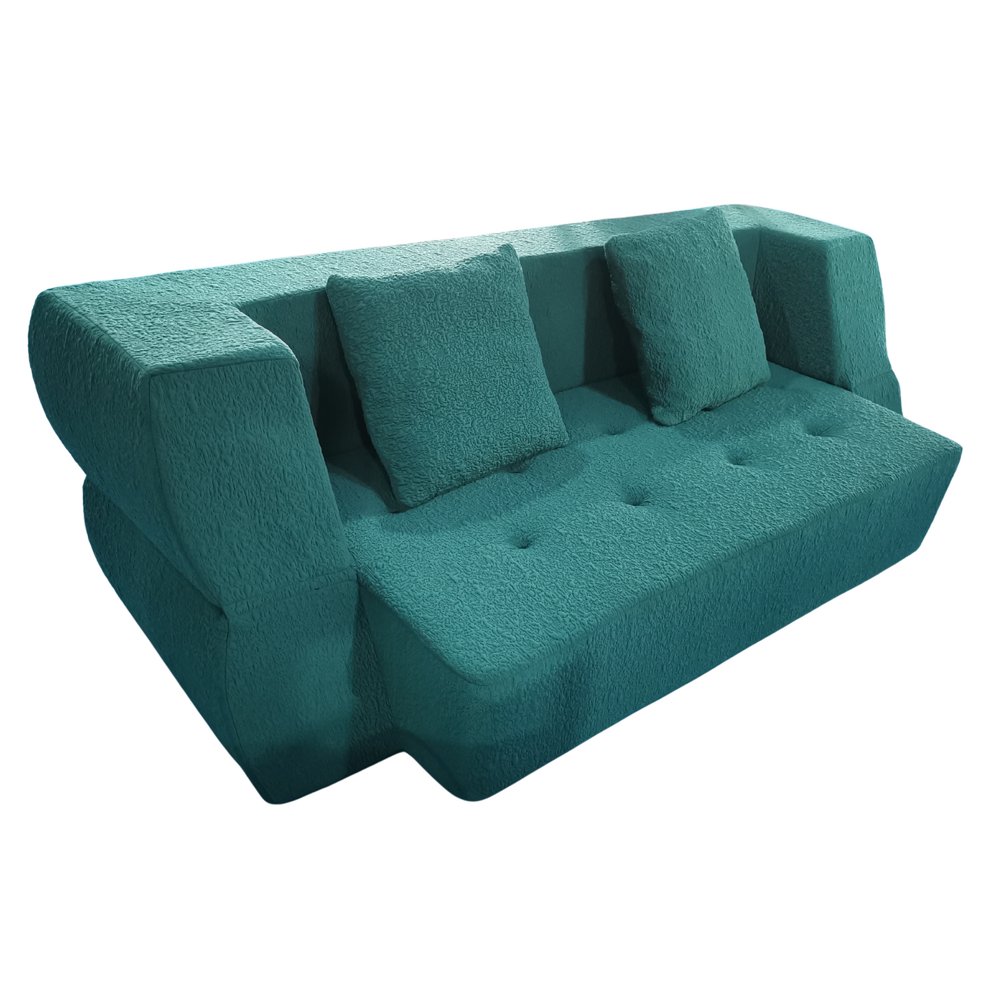 Teal sofa with buttoned cushions on a white background