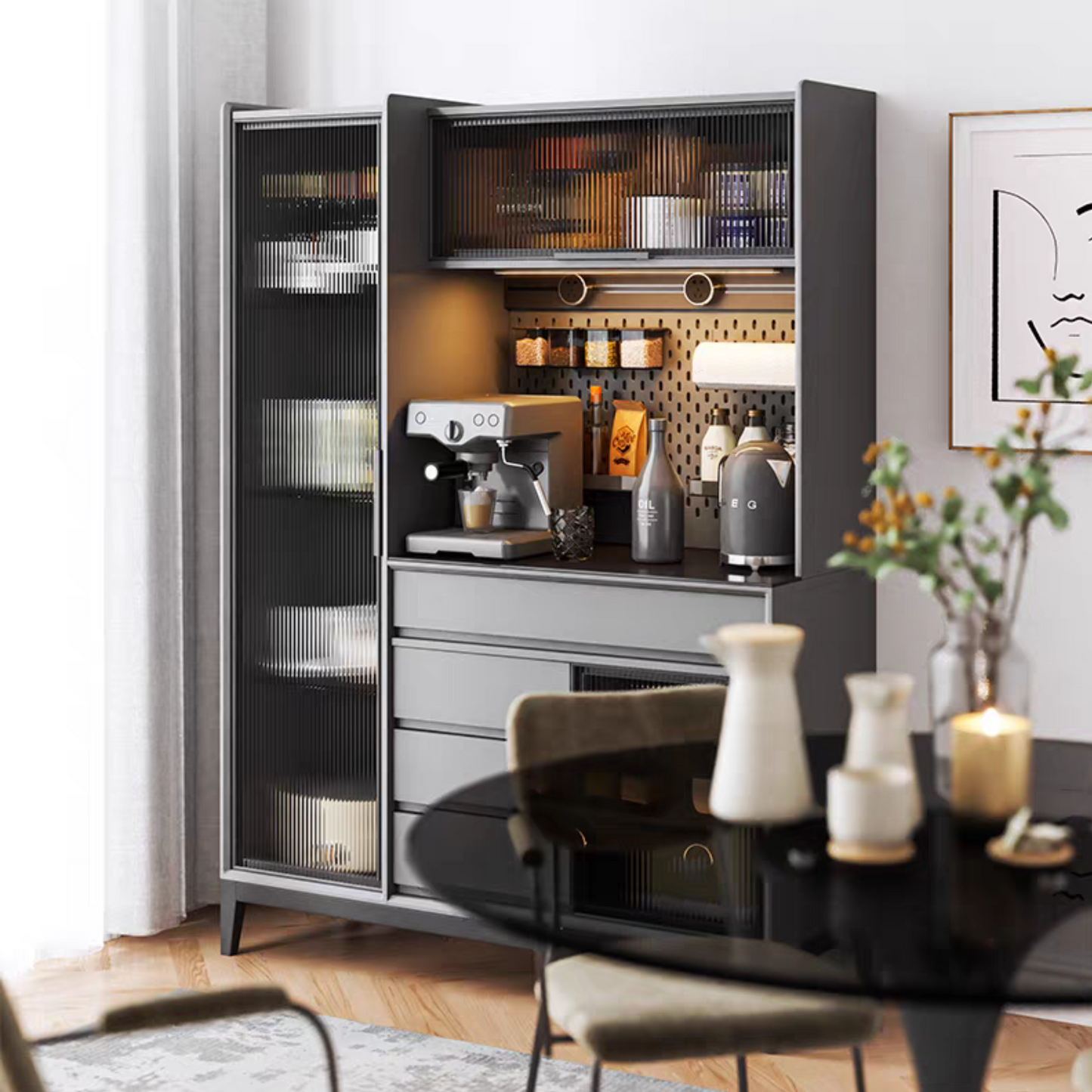 Modern kitchen cabinet with coffee-making appliances and decor items in a well-lit room.