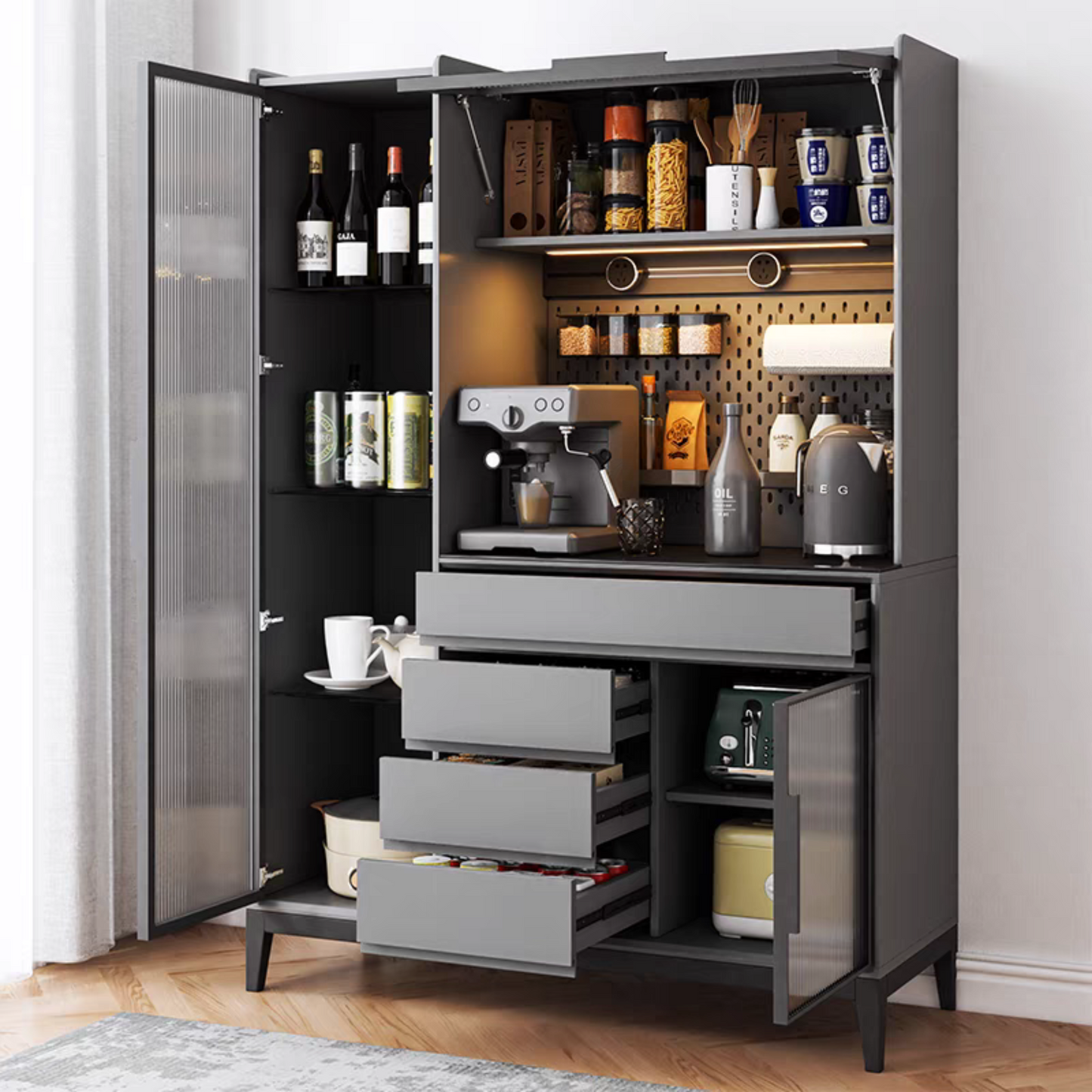 Gray kitchen cabinet with open doors displaying various kitchen items.