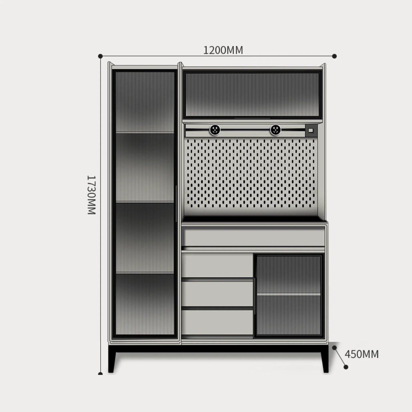 Metallic cabinet with dimensions labeled on a white background
