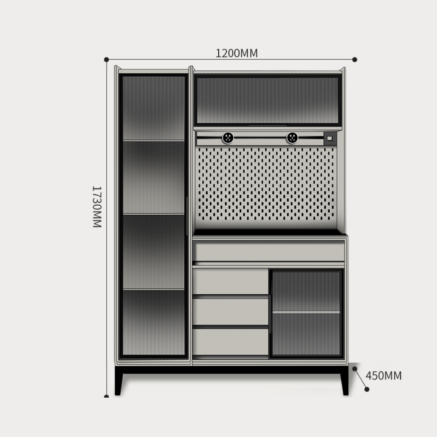 Metallic cabinet with dimensions labeled on a white background