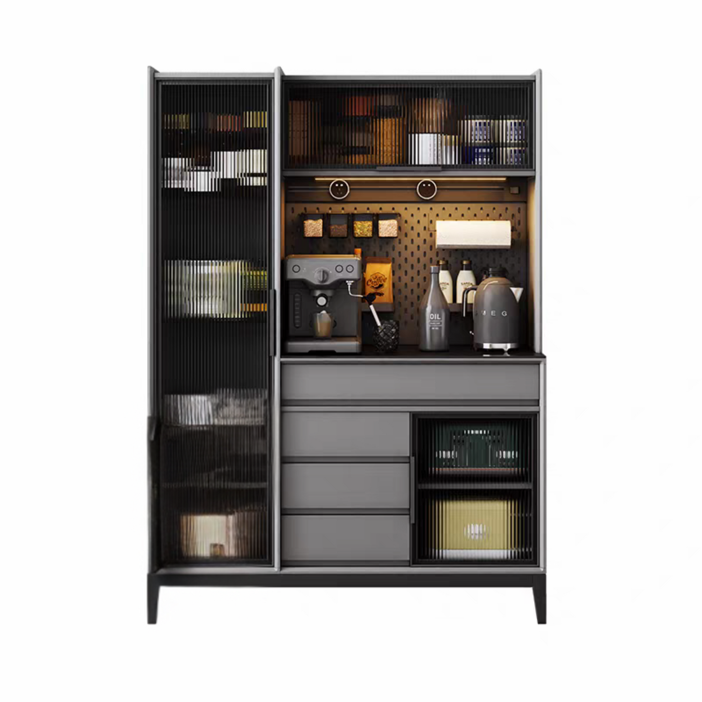Coffee station with various coffee-making equipment and supplies in a modern cabinet.