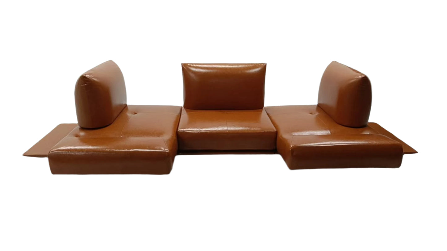 Convertible cognac leather sofa with reclining chaise ends and modular backrests