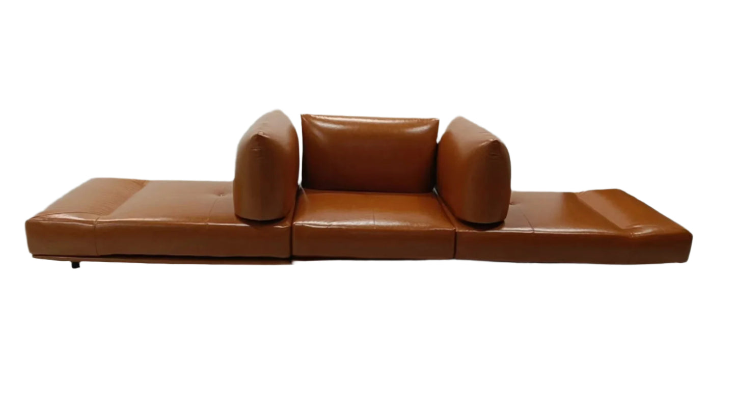 Convertible cognac leather sofa with reclining chaise ends and modular backrests