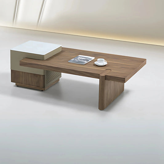 Wooden coffee table with a book and a small object on a light background