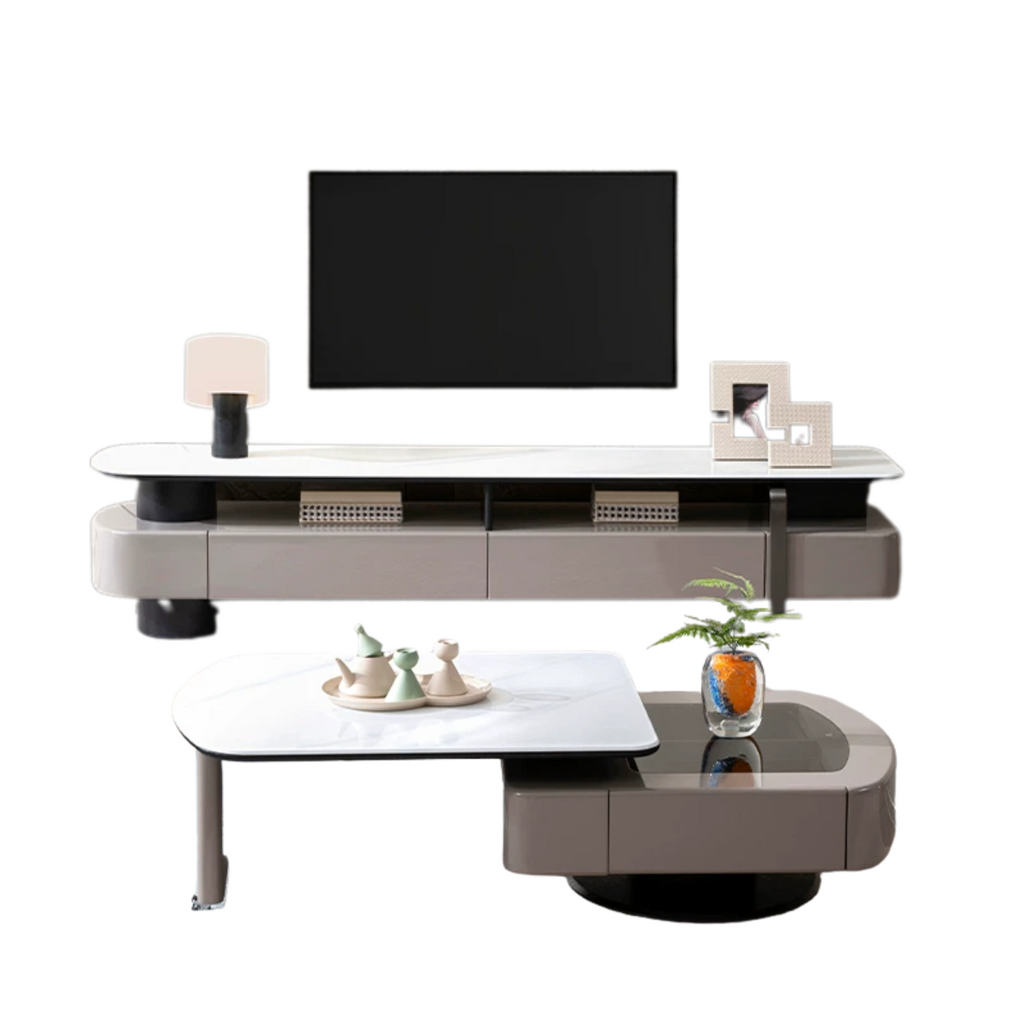 Modern living room furniture set with TV stand and coffee table on a white background