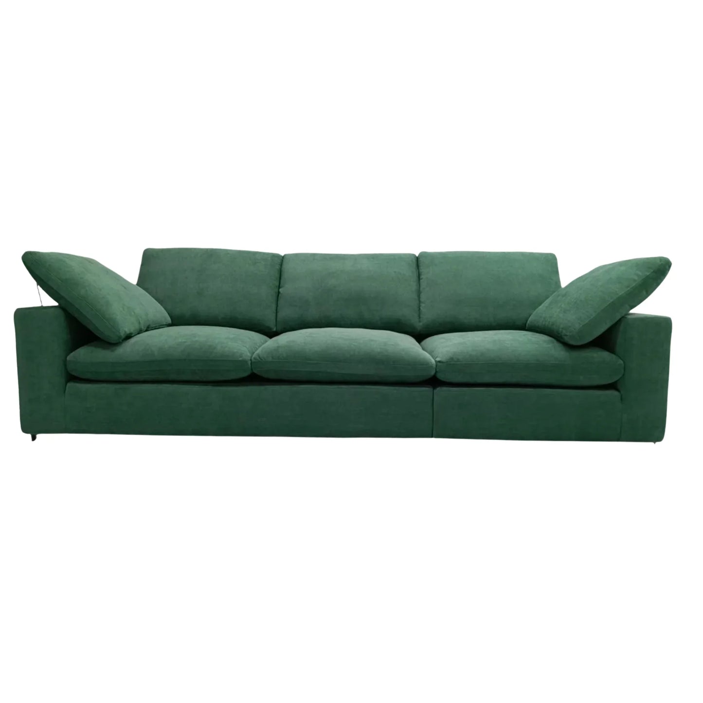 Green sofa with three cushions on a white background