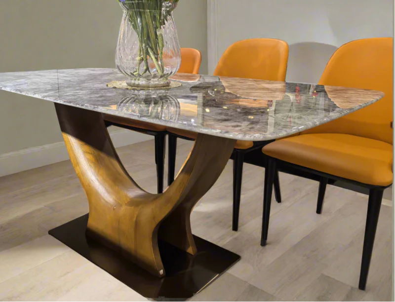 Close-up of U Shaped Super-Crystalline Marble Dining Table base, featuring ash veneer wood and stainless steel reinforcement for durability