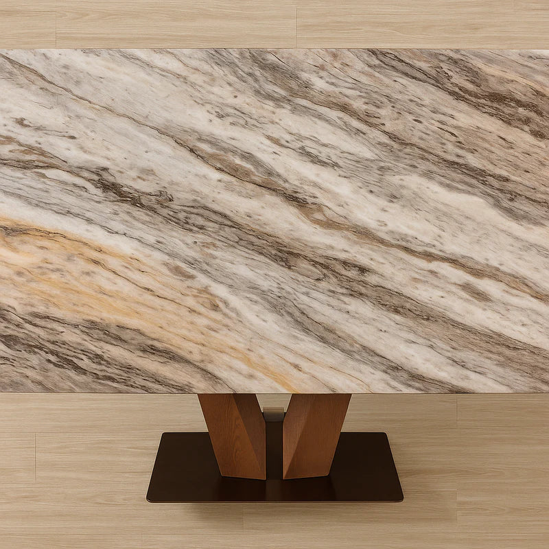 Front view of rectangular super-crystalline marble dining table with unique veining and V-shaped solid wood base