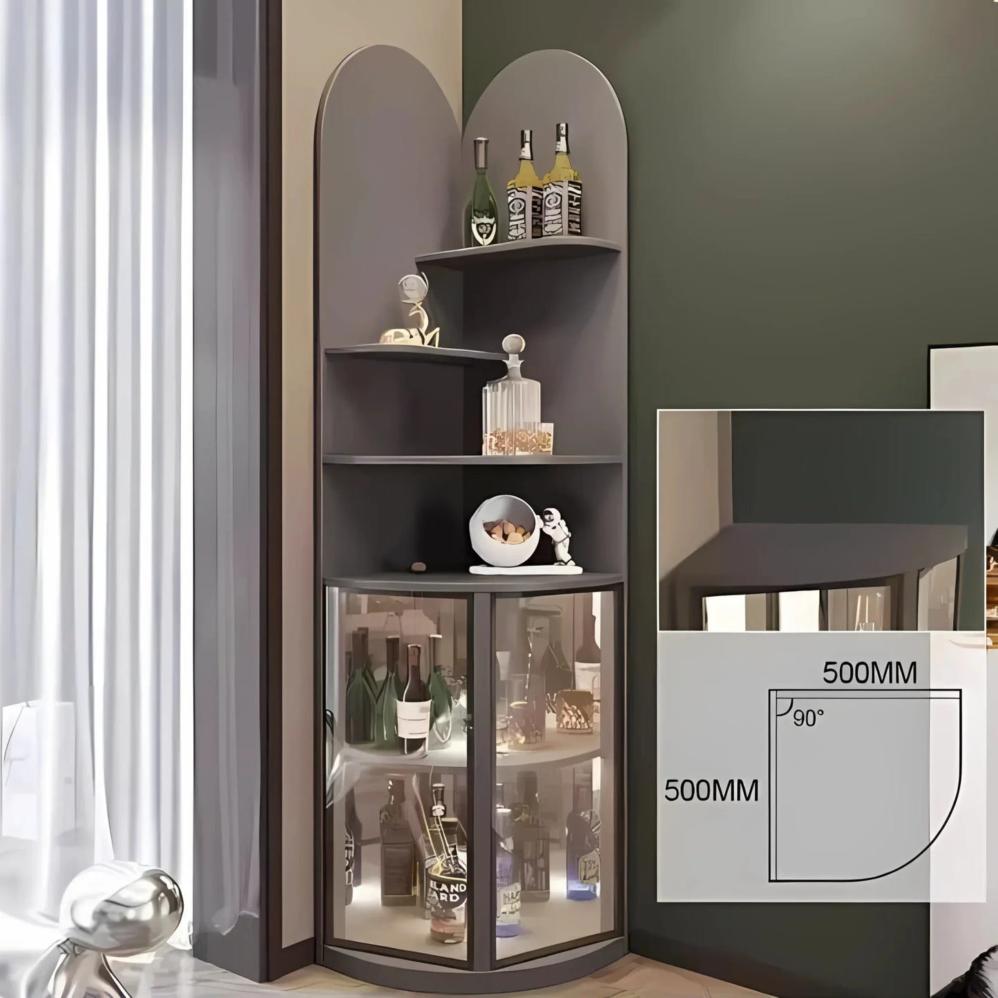 Corner shelving unit with glass display case against a green wall.