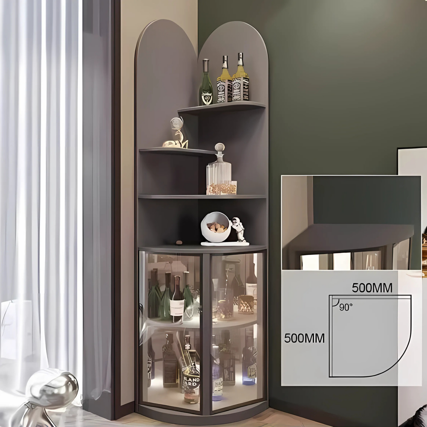 Corner shelving unit with glass display case against a green wall.