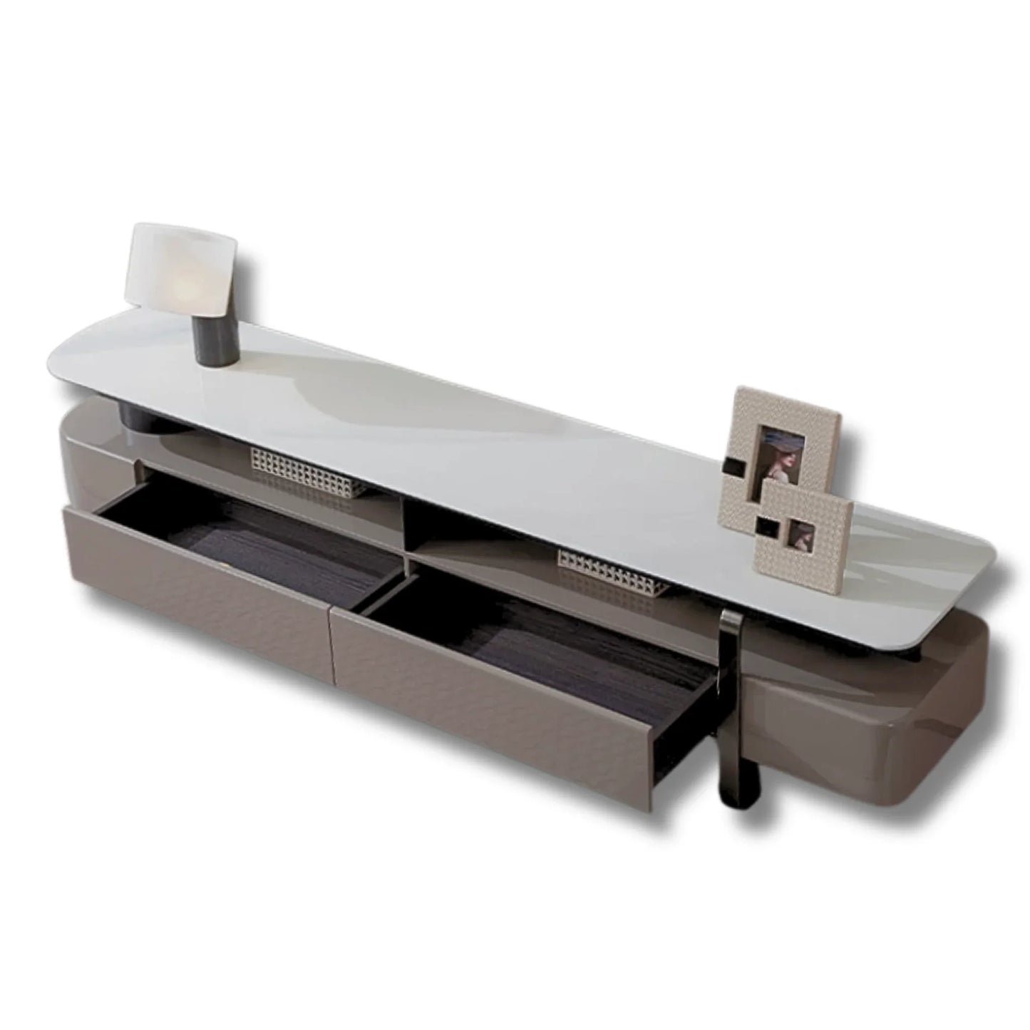 Modern TV stand with a white top and brown base on a white background