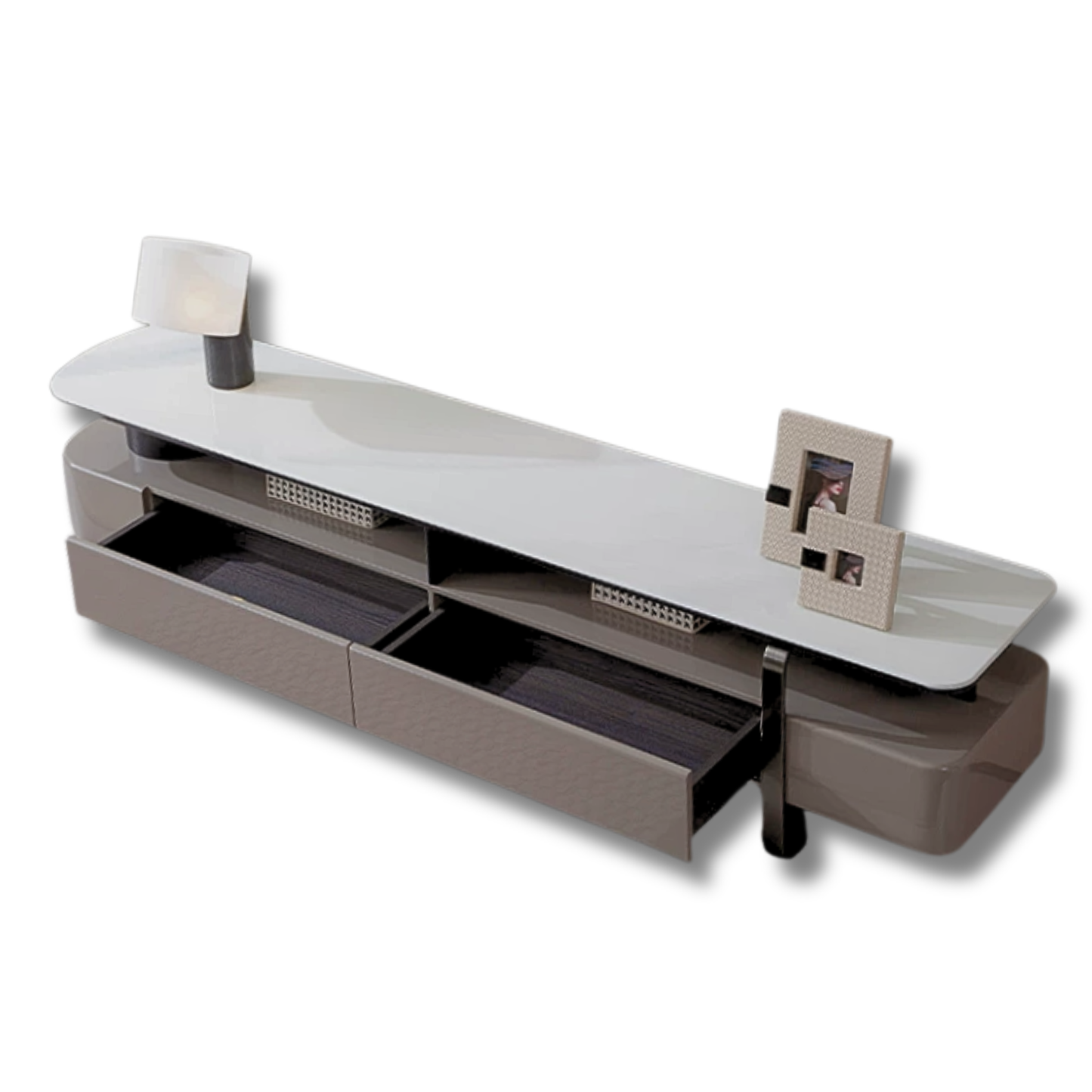 Modern TV stand with a white top and brown base on a white background