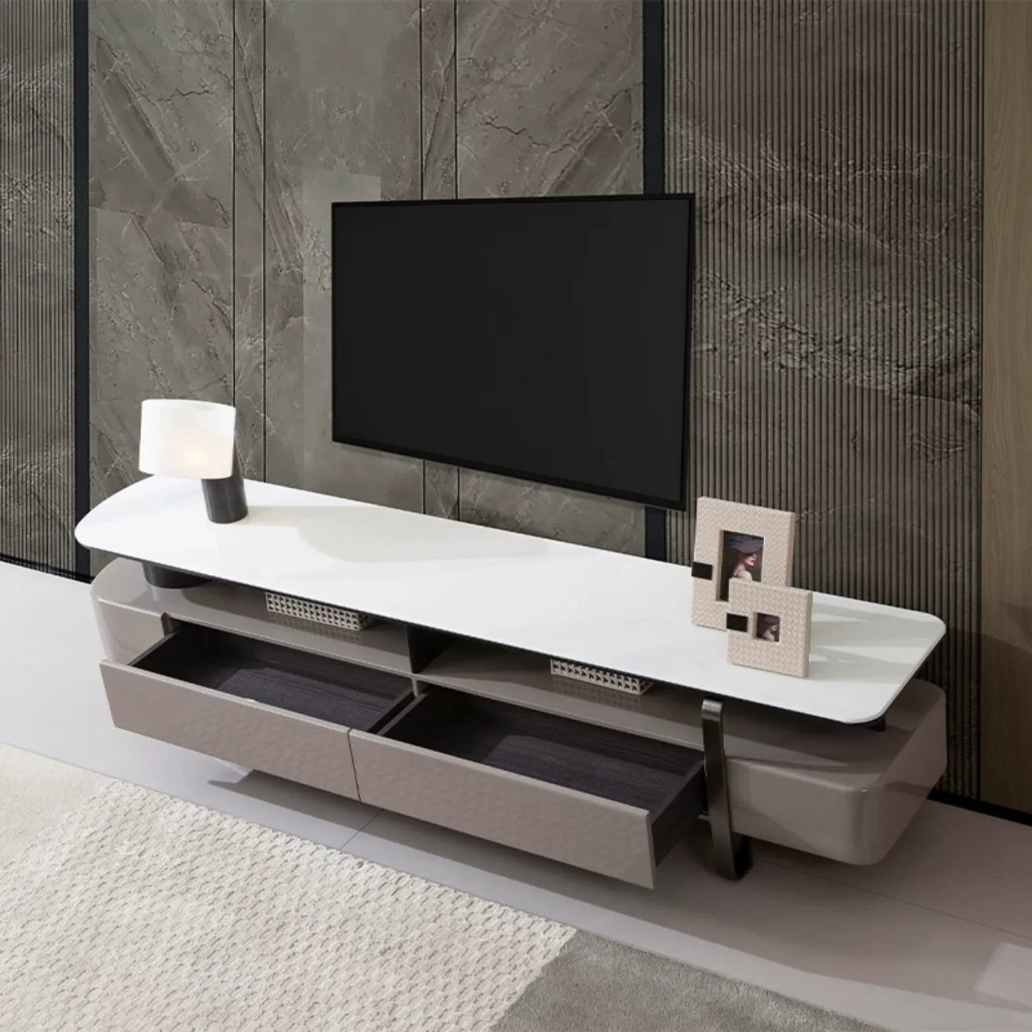 Modern TV stand with a television mounted on a textured wall.