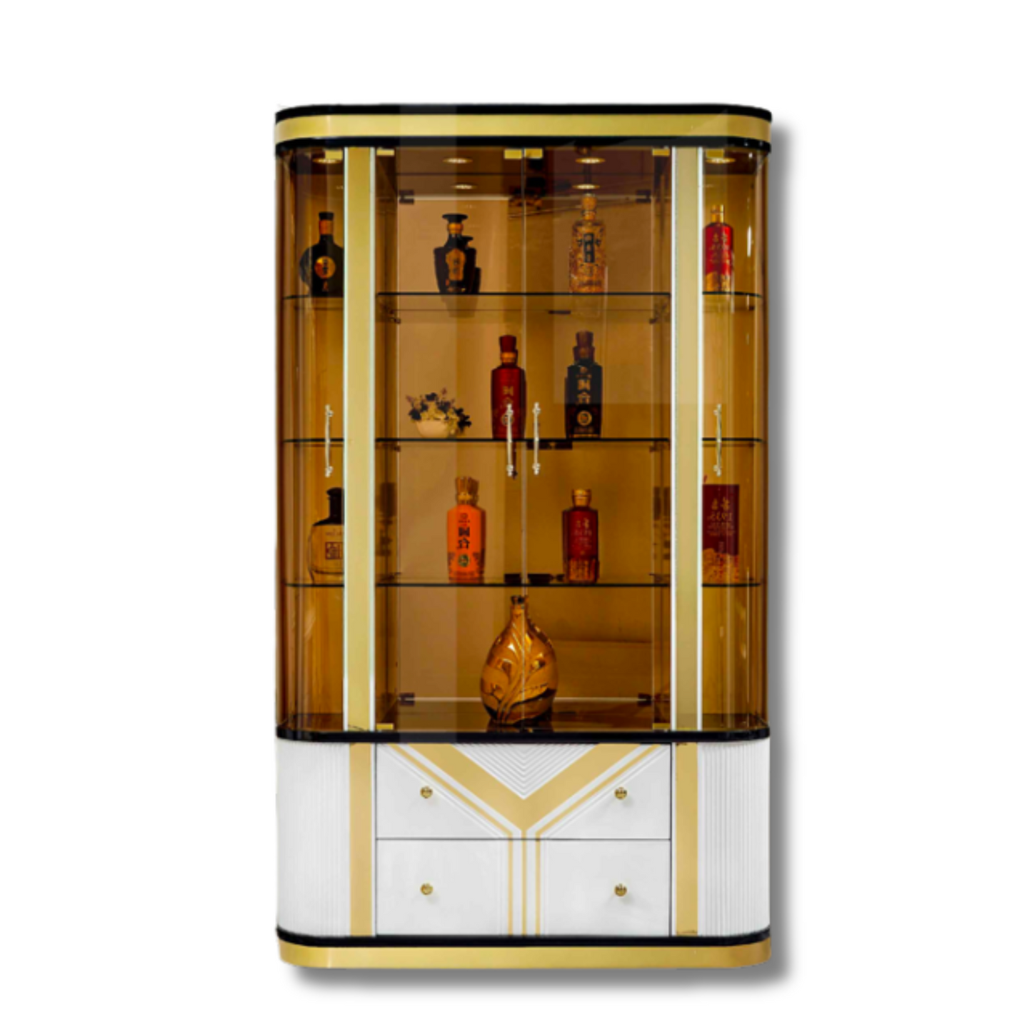 Decorative cabinet with glass shelves displaying bottles on a white background