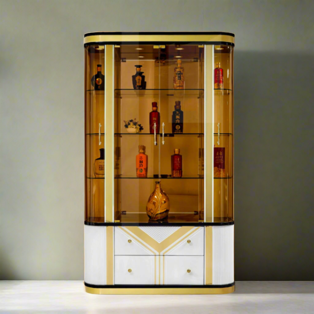 Decorative cabinet with glass shelves displaying bottles against a plain background
