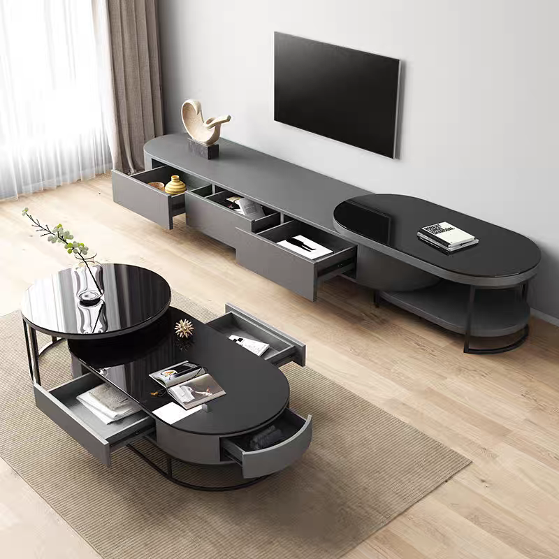 Modern living room with a black and gray entertainment console and coffee table.