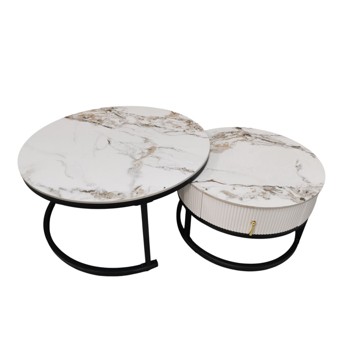 Round marble coffee table with a matching side table on a white background
