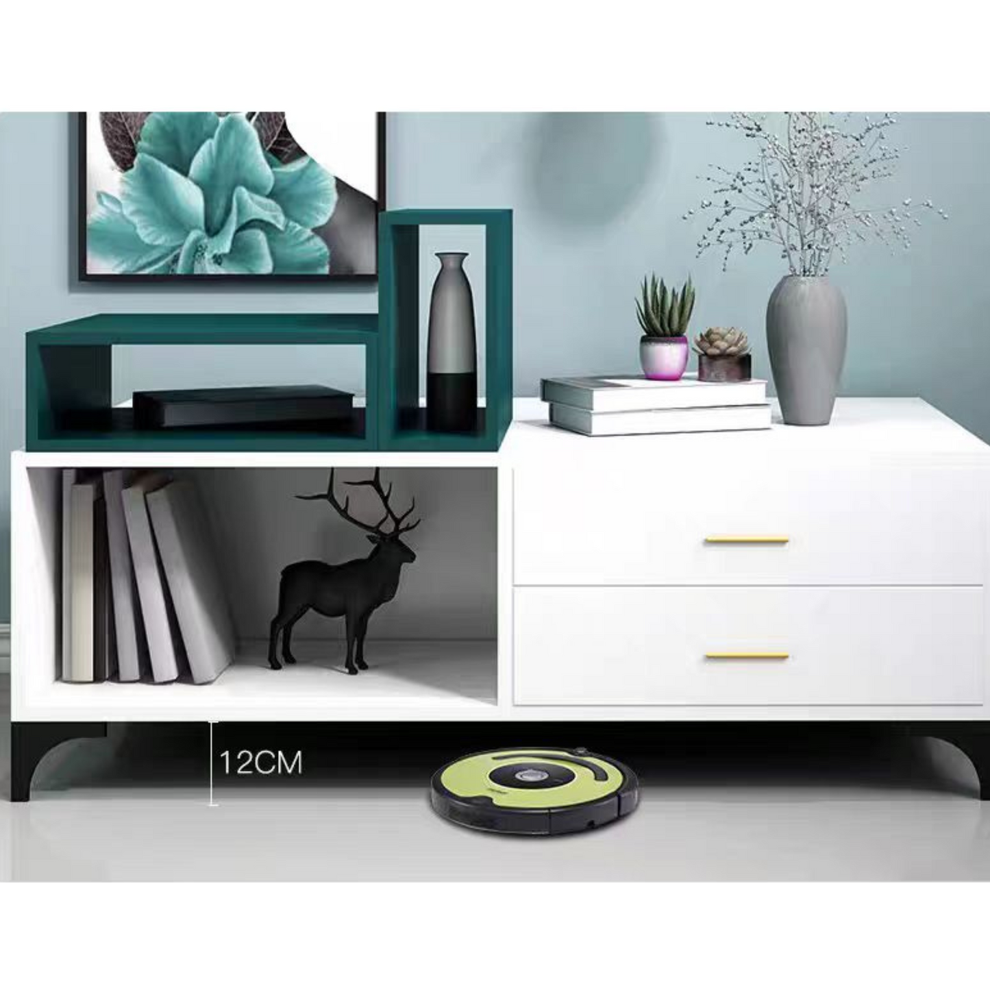 Robotic vacuum cleaner on a white floor with a decorative cabinet and wall art in the background.