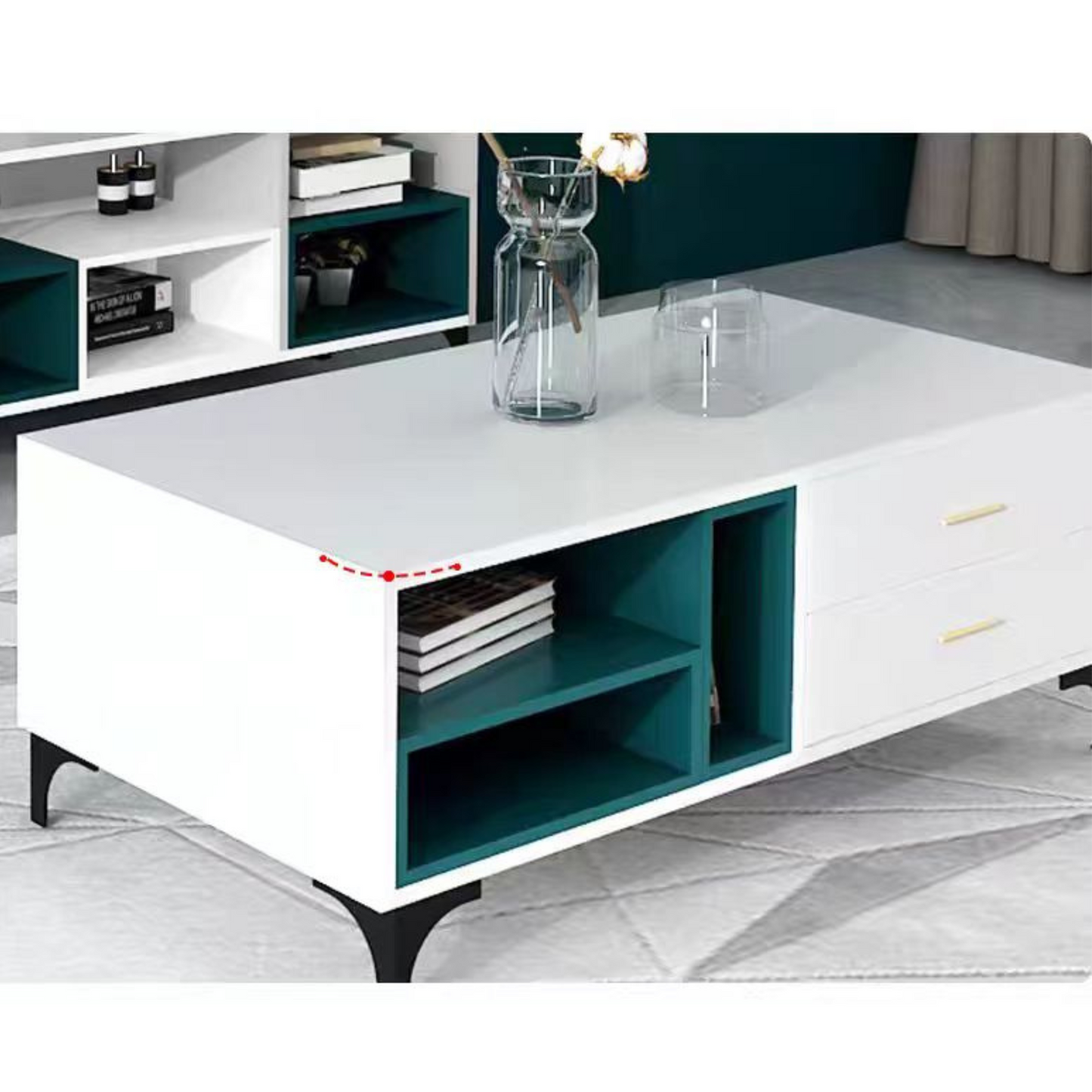 White and teal coffee table with storage compartments in a room setting.
