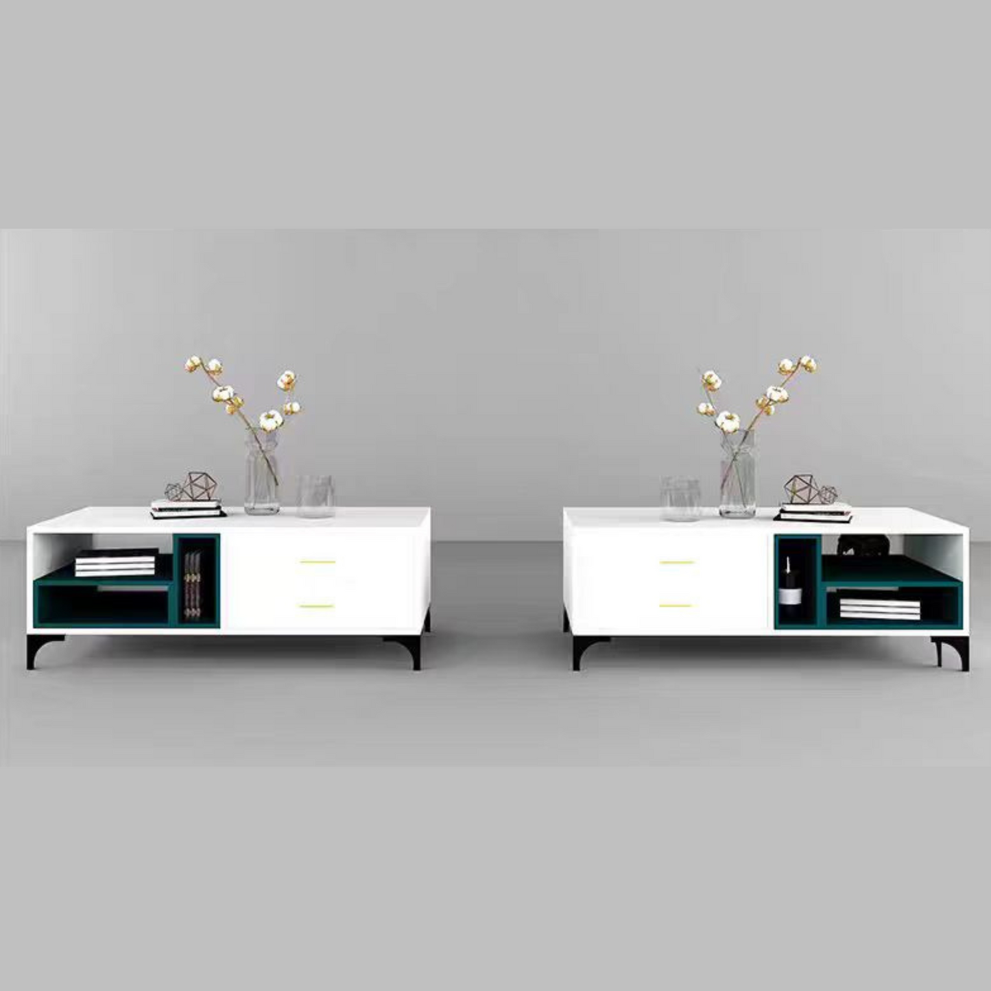 Two modern white entertainment consoles with green accents on a gray background