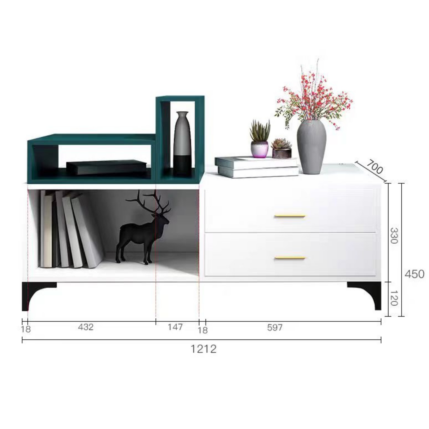 White cabinet with gold handles and dimensions displayed on a white background
