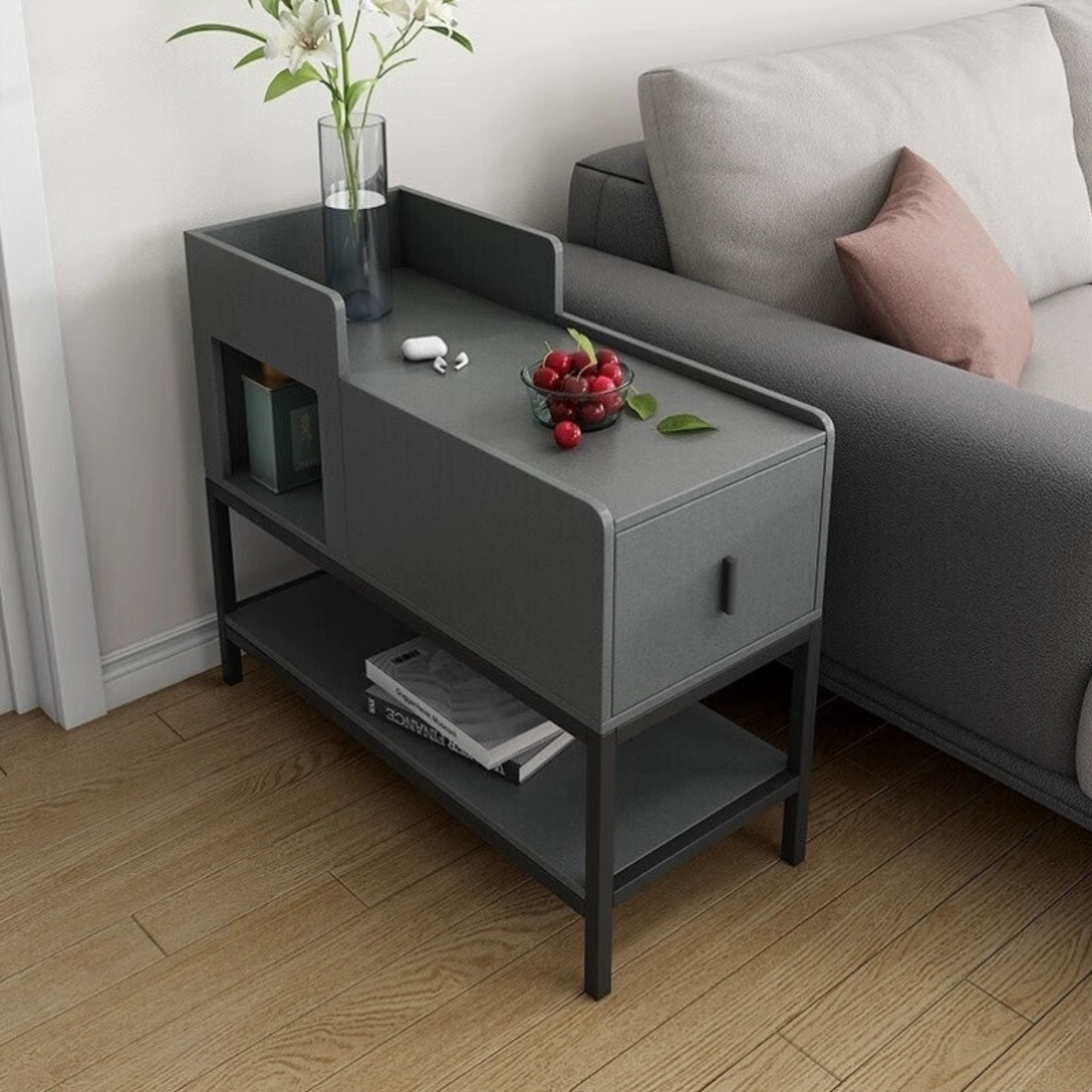 Modern dark grey side table with drawer and shelves