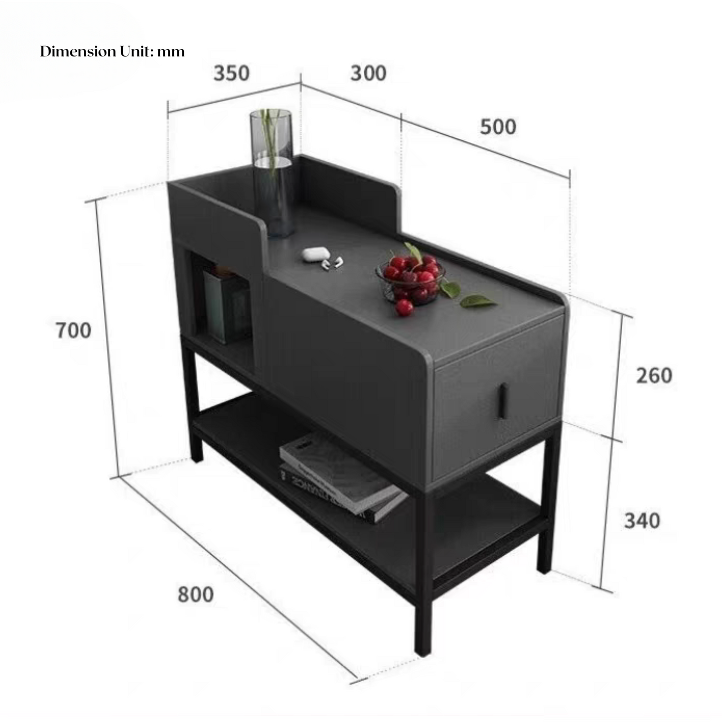 Modern dark grey side table with drawer and shelves